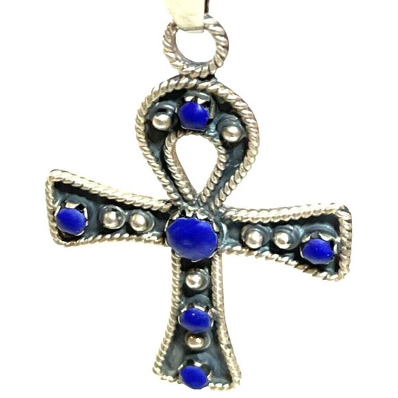 Taxco MX Silver Ankh Necklace Lapis Lazuli Cross Pendant Collar Egyptian 925 - Picture 8 of 16